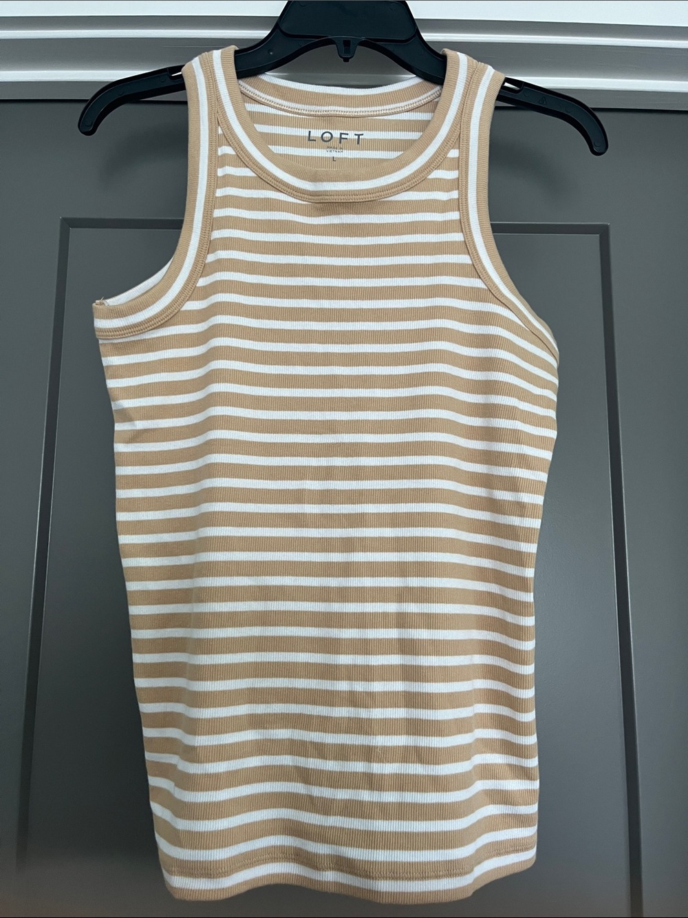 NWT LOFT Tan and White Striped Ribbed Tank Top